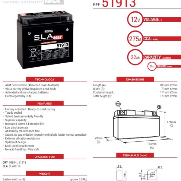 Akumulator 51913/51814 MAX (FA) (G12-19, Sla12-19, Sla12-22) 12V 21AH 183X79X171 Bezobsługowy – Zalany (Zwiększony Prąd Rozruchowy) (275A) (BMW) (4) | BS