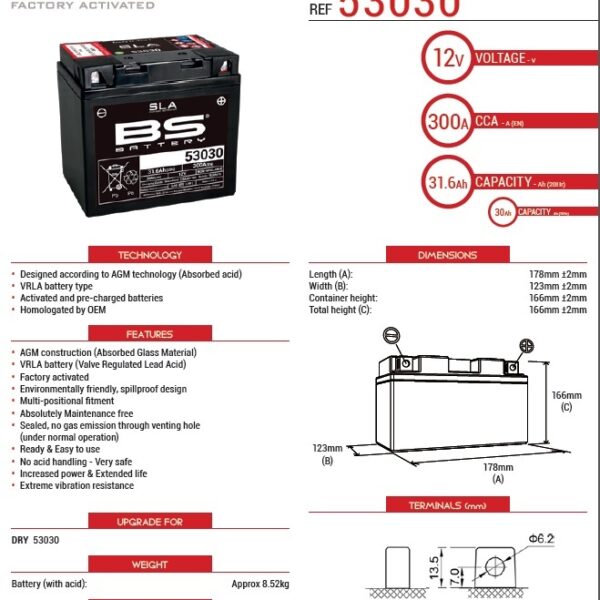 Akumulator 53030 (52515) (FA) 12V 31, 6Ah 178X123X166 Bezobsługowy – Zalany (300A) BMW R60/6/7 69-84, R65 84-95, R75/6/7 69-84, R80/7/Rt 84-95, R90/6/S 69-84, R100/7/CS/RS/Rt/S/T 76-84, R100Gs/R/RS/RT 87-95, K75RT 85-95, K1 89-92, K100 83-93 (2) | BS