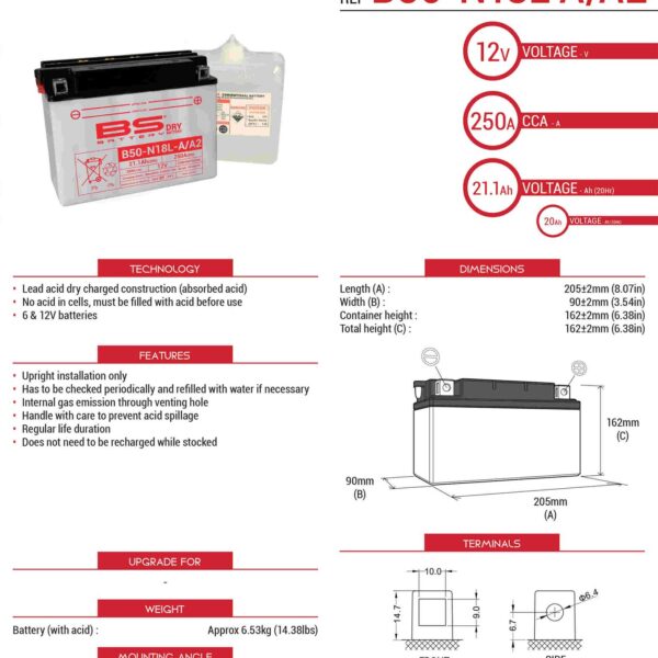 Akumulator B50-N18L-A/A2 (Y50-N18L-A/A2) 12V 20AH 205X90X162 Obsługowy – Elektrolit Osobno 250A Ue2019/1148 (2) | BS
