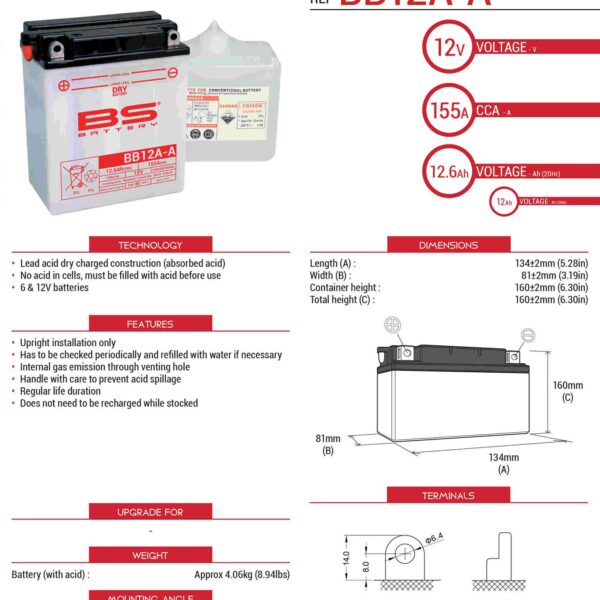 Akumulator BB12A-A (YB12A-A) 12V 12AH 134X81X160 Obsługowy – Elektrolit Osobno (155A) Ue2019/1148 (4) | BS