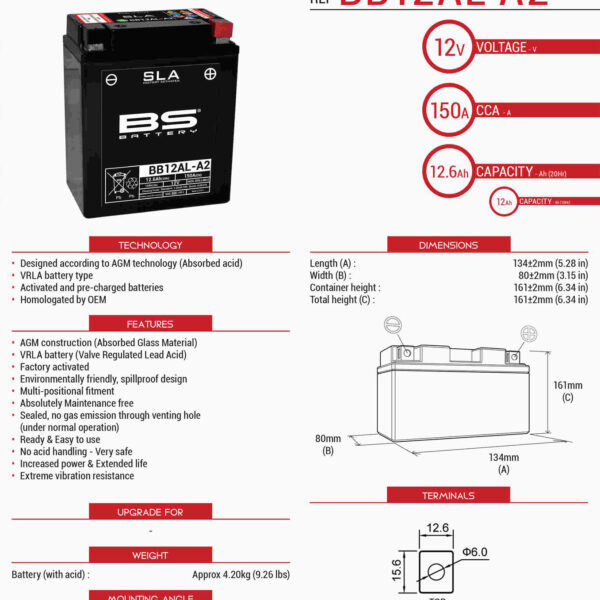 Akumulator BB12AL-A2 (FA) (YB12AL-A2) 12V 12AH 135X81X161 Bezobsługowy – Zalany (150A) (5) | BS