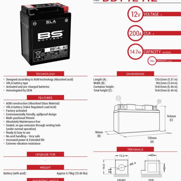 Akumulator BB14L-A2 (FA) (Yb14L-A2, Yb14L-B2) 12V 14AH 135X91X167 Bezobsługowy – Zalany (210A) – Zastępuje 300835 (4) | BS