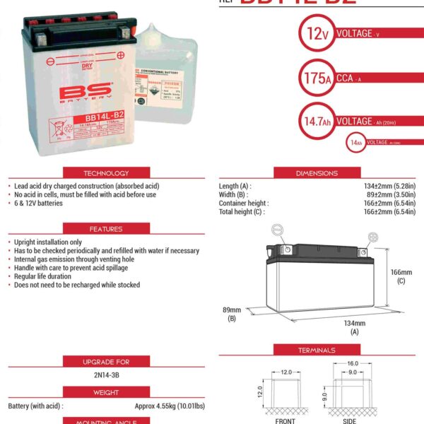 Akumulator BB14L-B2 (YB14L-B2) 12V 14AH 134X88X166 Obsługowy – Elektrolit Osobno (175A) Ue2019/1148 (3) | BS