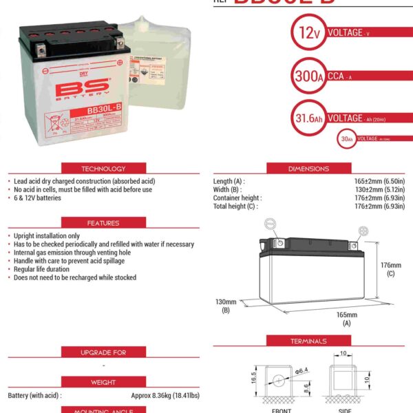 Akumulator BB30L-B (YB30L-B) 12V 30AH 168X132X176 Obsługowy – Elektrolit Osobno (300A) Harley Davidson, Polaris 600/700 Ue2019/1148 (2) | BS