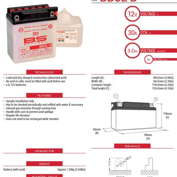 Akumulator BB3L-B (YB3L-B) 98X56X110 Obsługowy – Elektrolit Osobno (30A) Ue2019/1148 (6) | BS