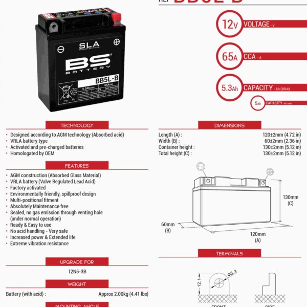 Akumulator BB5L-B (FA) (YB5L-B) (12N5-3B) 12V 5AH 120X60X130 Bezobsługowy – Zalany (65A) (6) | BS