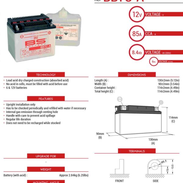 Akumulator BB7C-A (YB7C-A) 130X90X114 Obsługowy – Elektrolit Osobno (85A) Ue2019/1148 (6) | BS