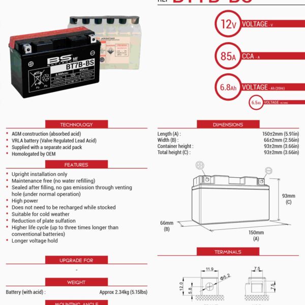 Akumulator BT7B-BS (YT7B-BS) 12V 6, 5Ah 150X65X93 Bezobsługowy – Elektrolit Osobno (85A) Ue2019/1148 (6) | BS