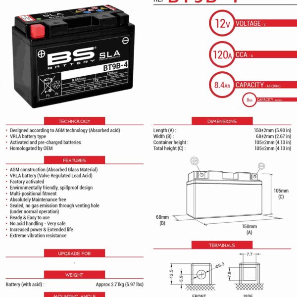 Akumulator BT9B-4 (FA) (YT9B-4) 12V 8AH 150X69X105 Bezobsługowy – Zalany (115A) (6) | BS