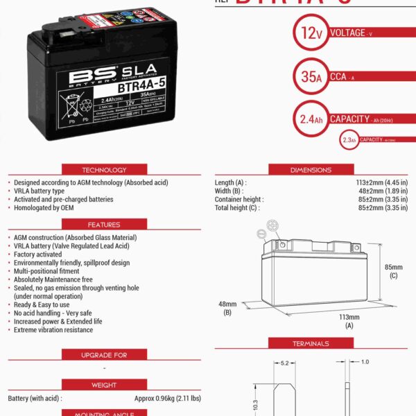 Akumulator BTR4A-5 (FA ) (YTR4A-BS) 12V 2, 3Ah 113X48X85X Bezobsługowy – Zalany (35A) (12) | BS