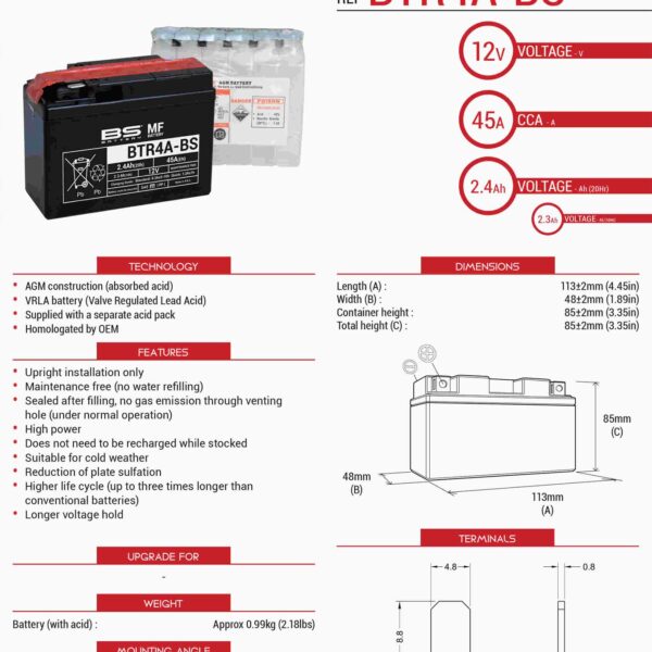 Akumulator BTR4A-BS (YTR4A-BS) 12V 2, 3Ah 113X38X85 Bezobsługowy – Elektrolit Osobno (45A) Ue2019/1148 (12) | BS