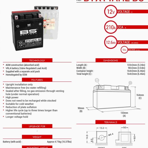 Akumulator BTX14AHL-BS (YTX14AHL-BS) (133X90X164) 12V 12AH Bezobsługowy – Elektrolit Osobno (210A) Ue2019/1148 (3) | BS