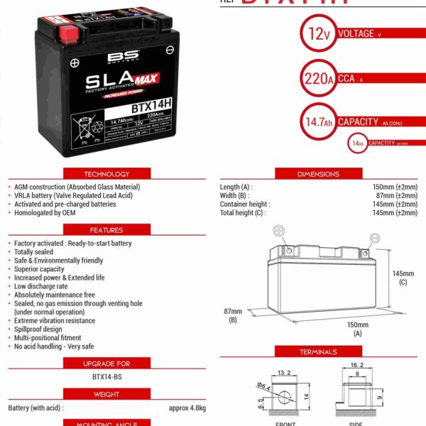 Akumulator BTX14H MAX (FA) (YTX14-BS) 12V 14AH 150X87X145 Bezobsługowy – Zalany (Zwiększony Prąd Rozruchowy) (220A) – Zastępuje 300855 (BMW) (4) | BS