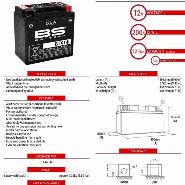 Akumulator BTX14L (FA) (YTX14L-BS) 12V 12AH 150X87X145 Bezobsługowy – Zalany (200A) (4) | BS