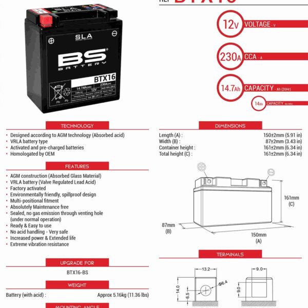 Akumulator BTX16 (FA) (YTX16-BS) 12V 14AH 152X88X161 Bezobsługowy – Zalany (230A) (4) | BS