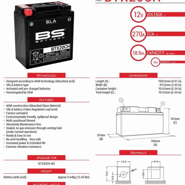 Akumulator BTX20CH (FA) (YTX20CH-BS, YTX20A-BS) 12V 18AH 150X87X161 Bezobsługowy – Zalany (270A) (4) | BS