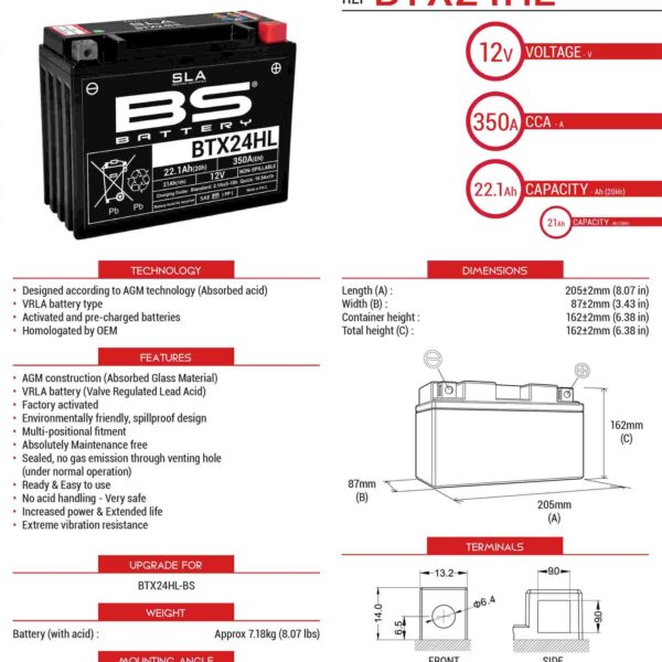 Akumulator BTX24HL (FA) (YTX24HL-BS) 12V 21AH 205X87X162 Bezobsługowy – Zalany (350A) – Zastępuje 300755 (4) | BS