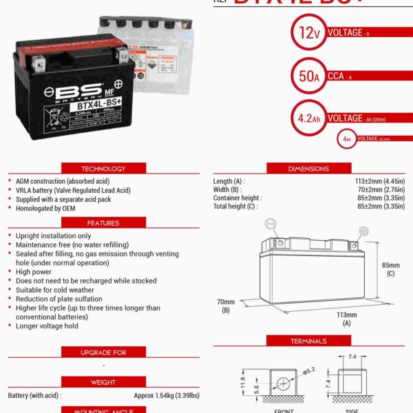 Akumulator Btx4L-Bs+ (YTX4L-BS) 12V 4AH 113X70X85 Bezobsługowy – Elektrolit Osobno (50A) (Zwiększona Pojemność) Ue2019/1148 – Zastępuje 300819 (8) | BS