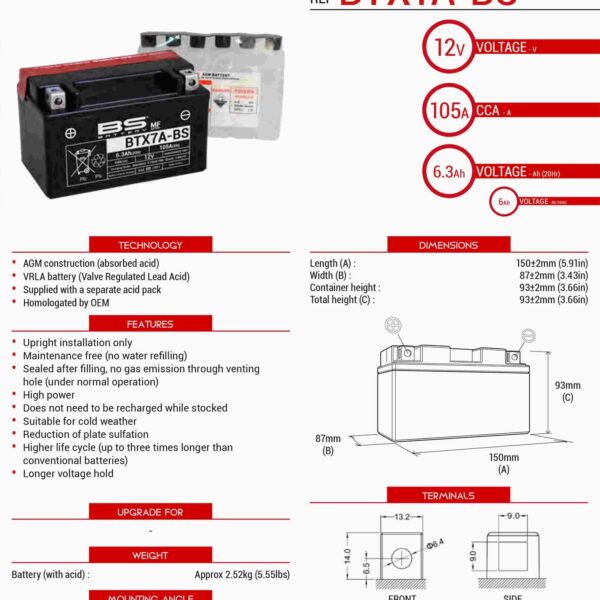 Akumulator BTX7A-BS (YTX7A-BS) 12V 6AH 152X88X94 Bezobsługowy – Elektrolit Osobno (90A) Ue2019/1148 (6) | BS