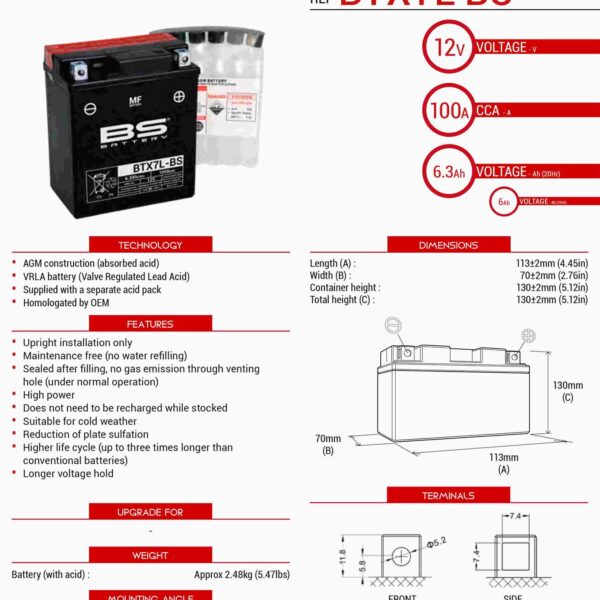 Akumulator BTX7L-BS (YTX7L-BS) 12V 6AH 144X71X131 Bezobsługowy – Elektrolit Osobno (85A) Ue2019/1148 (6) | BS