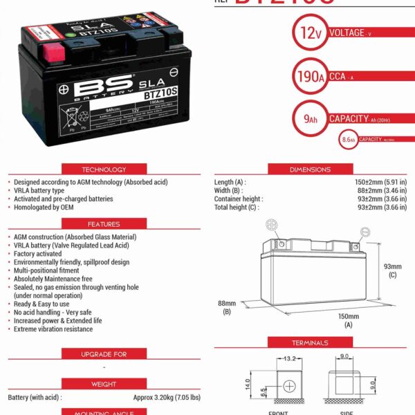 Akumulator BTZ10S (FA) (Ytz10S)12V 8, 6Ah 150X86X95 Bezobsługowy – Zalany (190A) (4) | BS