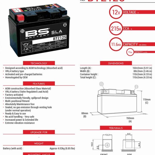 Akumulator BTZ12S (FA) (YTZ12S) 12V 11AH 150X86X110 Bezobsługowy – Zalany (210A) (4) | BS