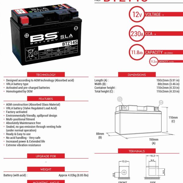 Akumulator BTZ14S (FA) (YTZ14S) 12V 11, 2Ah 150X86X110 Bezobsługowy – Zalany (230A) (4) | BS