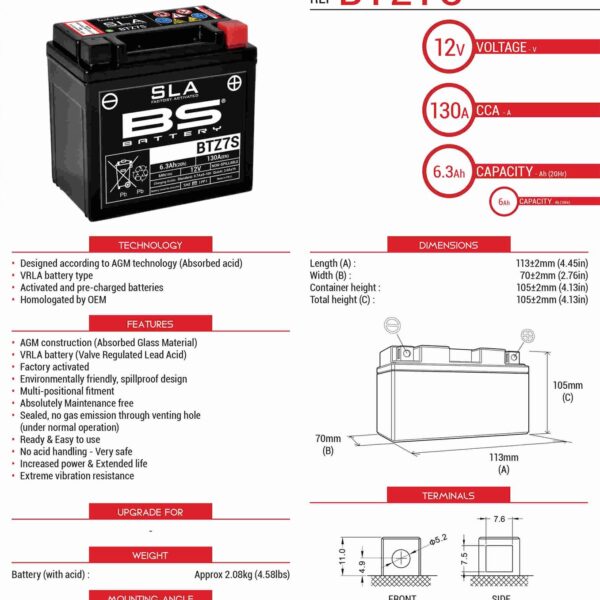 Akumulator BTZ7S (FA) (YTZ7S) 12V 6AH 112X69X103 Bezobsługowy – Zalany (130A) (300635) (4) | BS