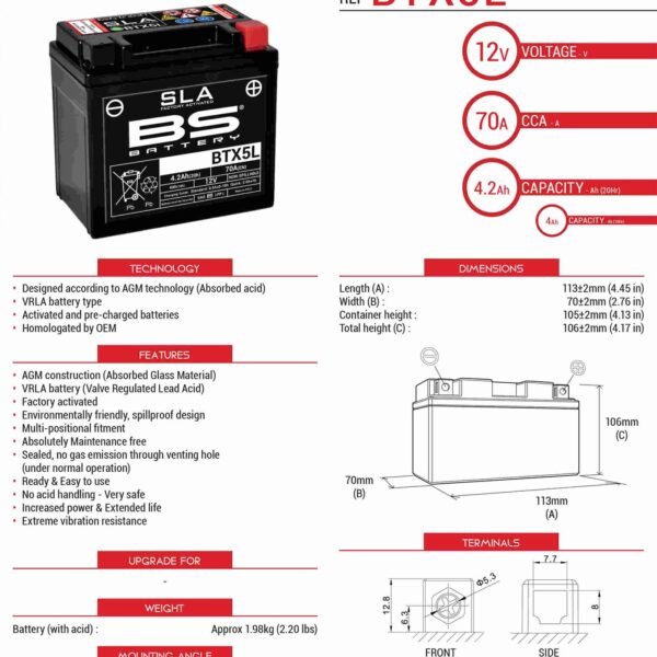 Akumulator BTX5L / BTZ6S (FA) (YTX5L-BS) 12V 5.3AH 113X70X106 Bezobsługowy – Zalany (90A) (8) | BS