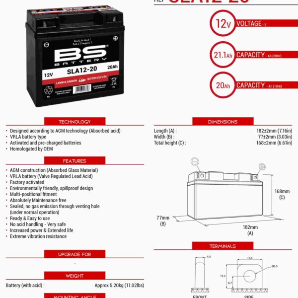 Akumulator SLA12-20 (FA) (SLA12-18) 12V 20AH 182X77X168 Bezobsługowy – Zalany (180A) (4) | BS