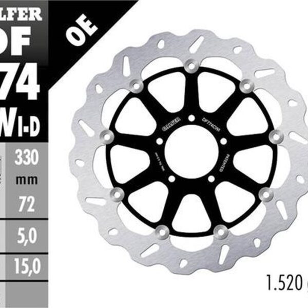 GALFER TARCZA HAMULCOWA PRZÓD DUCATI 1098 ’07-’08; 1198S/R ’09-; 1103/1199/1299 PANIGALE ’12-; MULTISTRADA 1103 V4 ’21-23 (LEWA) (WAVE FLOATING) (330X72X5MM)