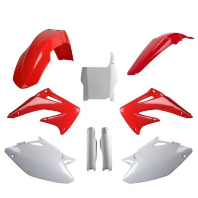 Komplet Plastików Honda CRF 450R '04 w Zestawie Tablica Przednia (8661900001) i Osłony Amortyzarorów (8351700001) Kolor Czerwono Biały OEM