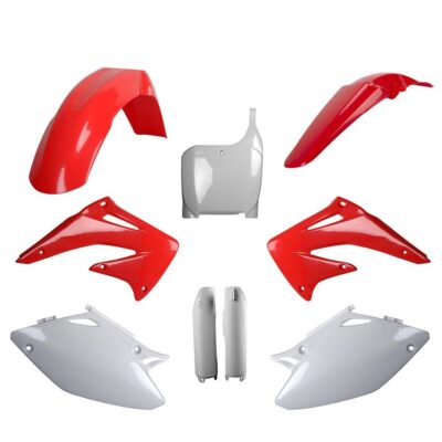 Komplet Plastików Honda CRF 450R '02-'03 w Zestawie Tablica Przednia (8657000001) i Osłony Amortyzarorów (8394000001) Kolor Czerwono Biały OEM