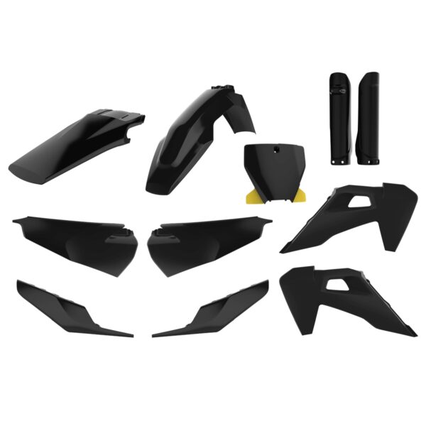 Komplet Plastików Husqvarna TC/FC TPI ’19-’22 w Zestawie Tablica Przednia (8666500006) i Osłony Amortyzatorów (8398900002) Kolor CZARNY | Polisport | emotoshop24