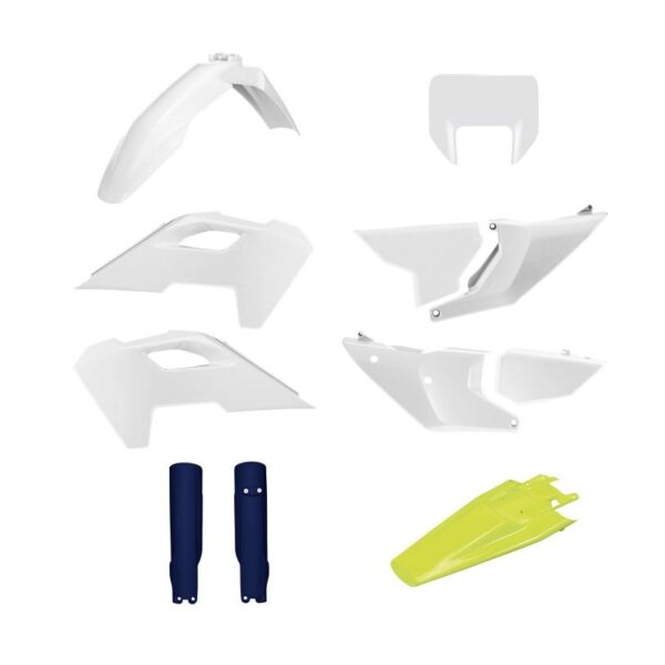 Komplet Plastików Husqvarna TE/FE ’24-’25 w Zestawie Osłona Lampy Przedniej (8681500001) i Osłony Amortyzatorów (8352500008) Kolor OEM Biały Niebieski OEM ’24 | Polisport