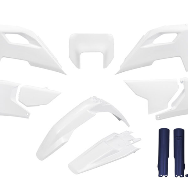 Komplet Plastików z Osłonami Teleskopów Husqvarna TE 150 / 250 / 300 ’24-’25, FE 250 / 350 / 450 / 501 ’24-’25 Kolor OEM ’25 Biały / Niebieski | UFO