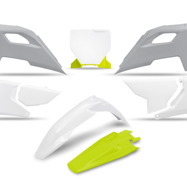 Komplet Plastików Husqvarna TC 125 / 250 ’23-’24, FC 250 / 350 / 450 ’23-’24, FX 350 / 450 ’23-’24, TX 300 ’24, Kolor OEM ’24 ( Biały / Żółty ) (Przedłużona Tablica NA Numer Startowy) | UFO