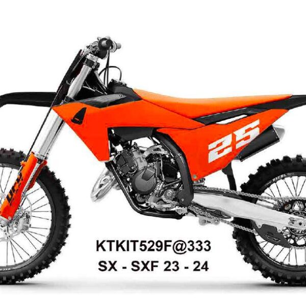Komplet Plastików z Osłonami Teleskopów KTM SX 125 / 250 / 300 TBI ’23-’24, SX-F 250 / 350 / 450 ’23-’24 Kolor Pomarańczowy / CZARNY | UFO