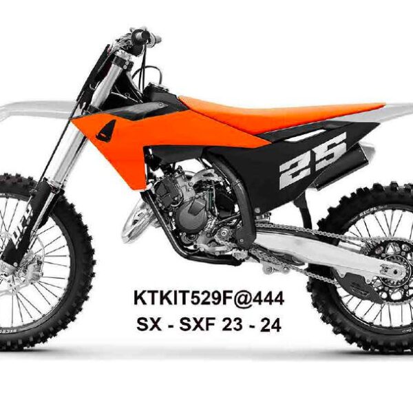 Komplet Plastików z Osłonami Teleskopów KTM SX 125 / 250 / 300 TBI ’23-’24, SX-F 250 / 350 / 450 ’23-’24 Kolor CZARNY / Pomarańczowy / Biały | UFO