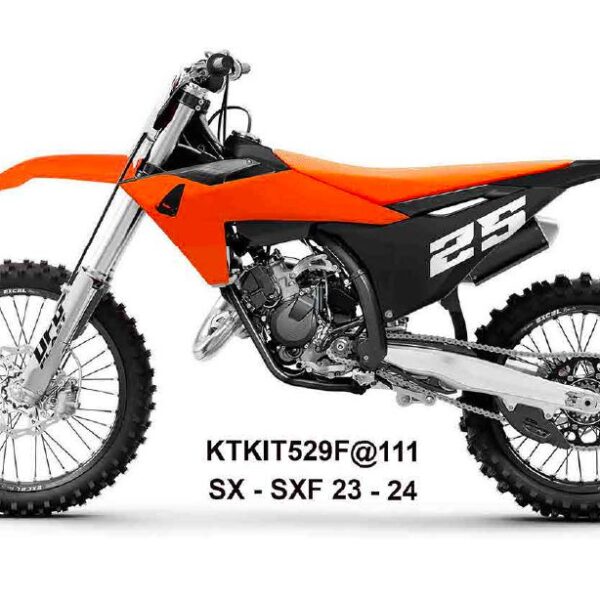Komplet Plastików z Osłonami Teleskopów KTM SX 125 / 250 / 300 TBI ’23-’24, SX-F 250 / 350 / 450 ’23-’24 Kolor Pomarańczowy / CZARNY / Biały | UFO