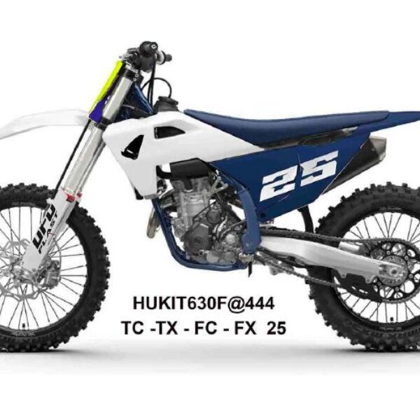 Komplet Plastików z Osłonami Teleskopów Husqvarna TC 125 / 150 / 250 / 300 ’25-’26, TX 300 ’25-’26, FC 250 / 350 / 450 ’25-’26, FX 350 / 450 ’25-’26 Kolor Biały / Granatowy | UFO