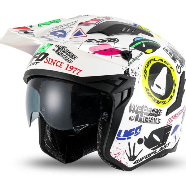 Kask Sheratan JET / TRIAL z Blendą Przeciwsłoneczną Kolor Biały / MIX Aplikacji UFO Rozmiar XL ( ECE 22R06 ) – Kolekcja 2025/2026 | UFO