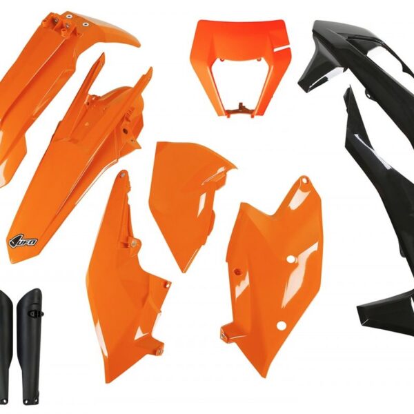Komplet Plastików z Osłonami Teleskopów KTM EXC/EXC-F TPI ’17-’19 z Osłoną LAMPY Kolor OEM (Pomarańczowy/Czarny) (KT523E999) | UFO