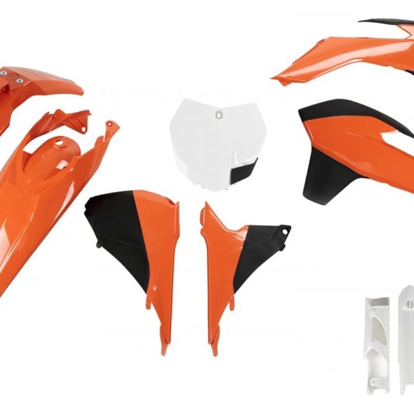 Komplet Plastików z Osłonami Teleskopów KTM SX/SX-F ’13-’15, SX 250 ’16, Kolor OEM ’13-’14 (Pomarańczowy/Czarny/Biały) (KT515E999) | UFO