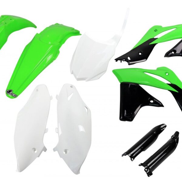Komplet Plastików z Osłonami Teleskopów Kawasaki KXF 250 ’13-’16 Kolor OEM’16 (ZIELONY/BIAŁY/CZARNY)(KA221E999A) | UFO