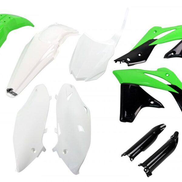 Komplet Plastików z Osłonami Teleskopów Kawasaki KXF 250 ’13-’16 Kolor OEM ’14-’15 (Zielony/Biały/Czarny) (KA221E999) | UFO