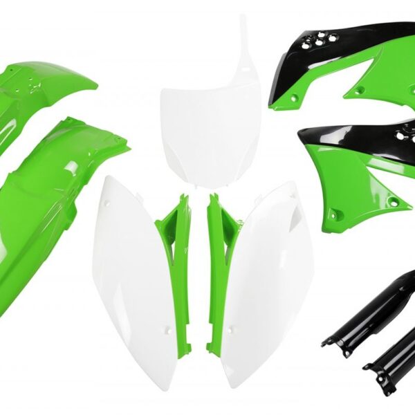 Komplet Plastików z Osłonami Teleskopów Kawasaki KXF 450 ’09-’11 Kolor OEM ’10-’11 (Zielony/Biały/Czarny) (KA216E999) | UFO