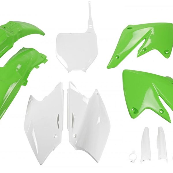 Komplet Plastików z Osłonami Teleskopów Kawasaki KXF 250 ’04-’05 Kolor OEM (Zielony/Biały) (KA203E999) | UFO