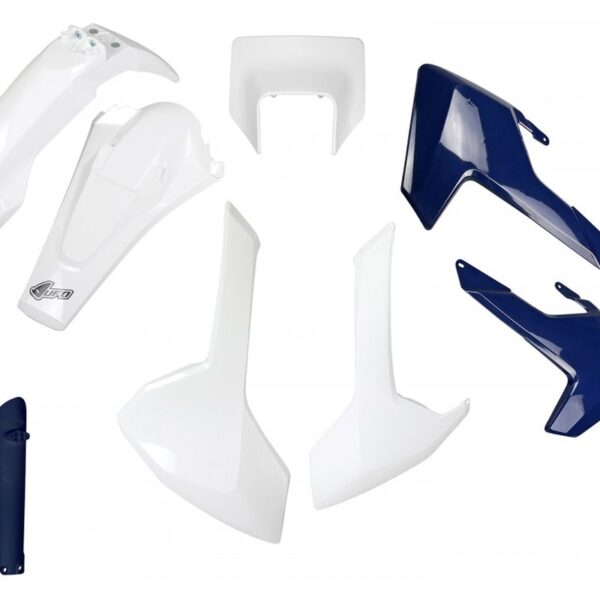 Komplet Plastików z Osłonami Teleskopów Husqvarna TX/TE/Fe ’17-’19 z Osłoną Lampy Kolor OEM (Biały/Niebieski) (Hu621E999) | UFO