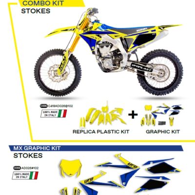 Komplet Plastików SUKIT418102 PLUS Komplet Naklejek (OKLEIN) Suzuki RMZ 250 '19-'22; RMZ 450 '18-'22 w Zestawie Przednia Tablica (SU04943) ORAZ Osłony Amortyzatorów (SU04913) STOKES Kolor Żółty - | UFO